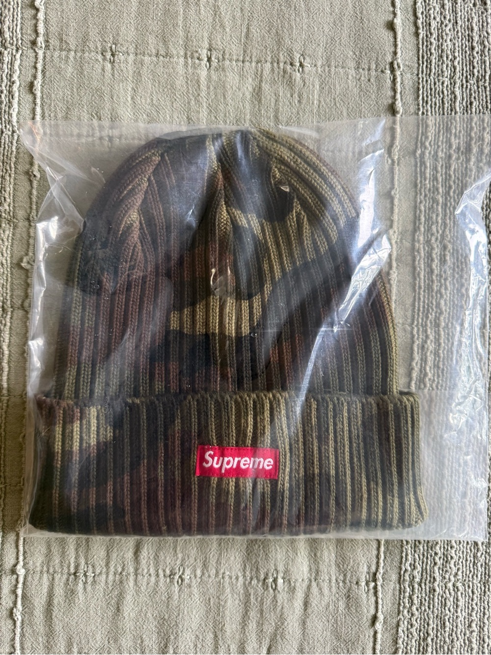 Supreme Camo Rib Knit Beanie with Red Box Logo new in bag, never worn